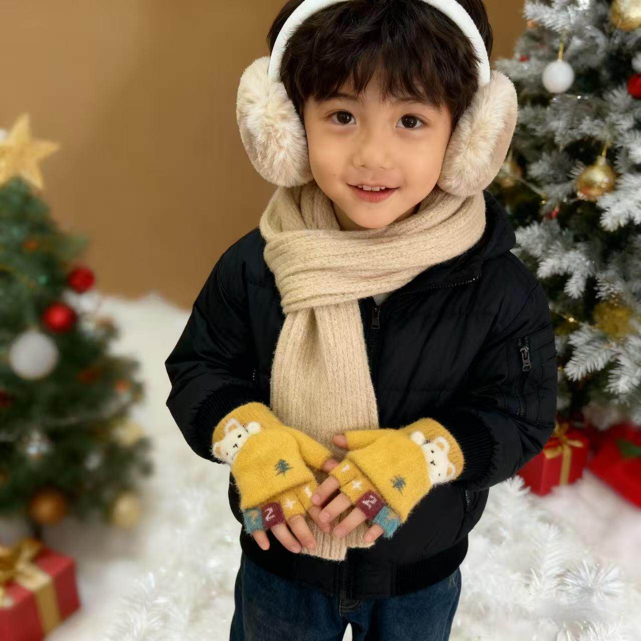 2-5岁冬季保暖厚幼儿园手套半指男宝宝露指翻盖小孩可爱儿童手套4