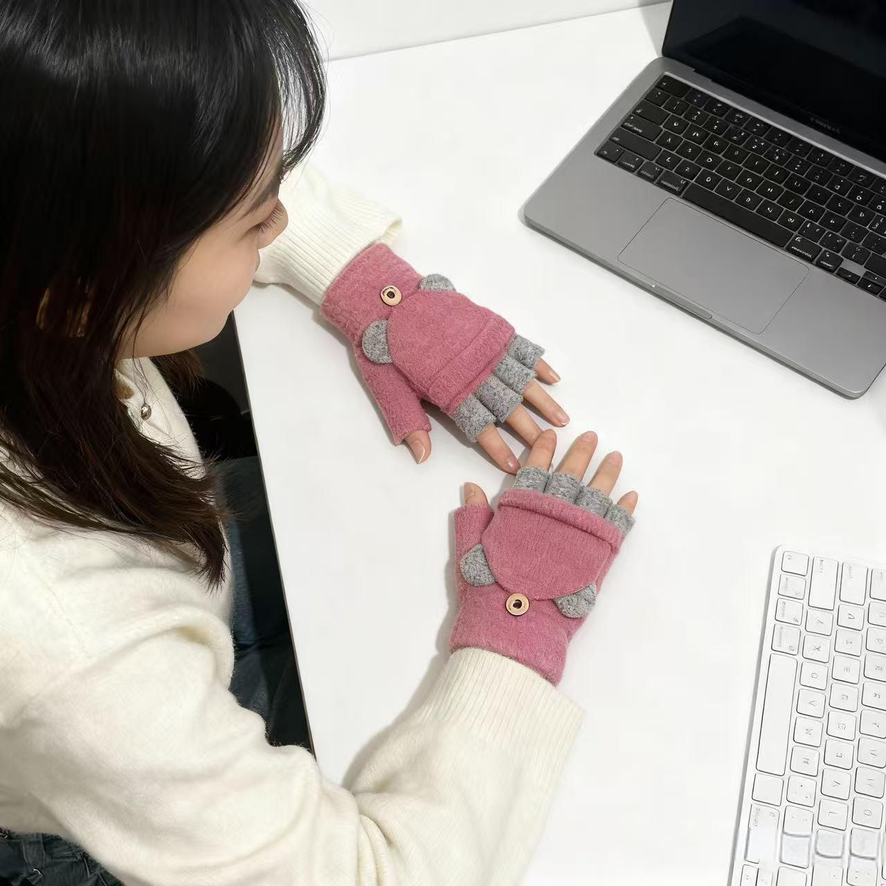 露指可翻盖半指毛线针织手套女2025年冬季加厚保暖办公骑行可触屏
