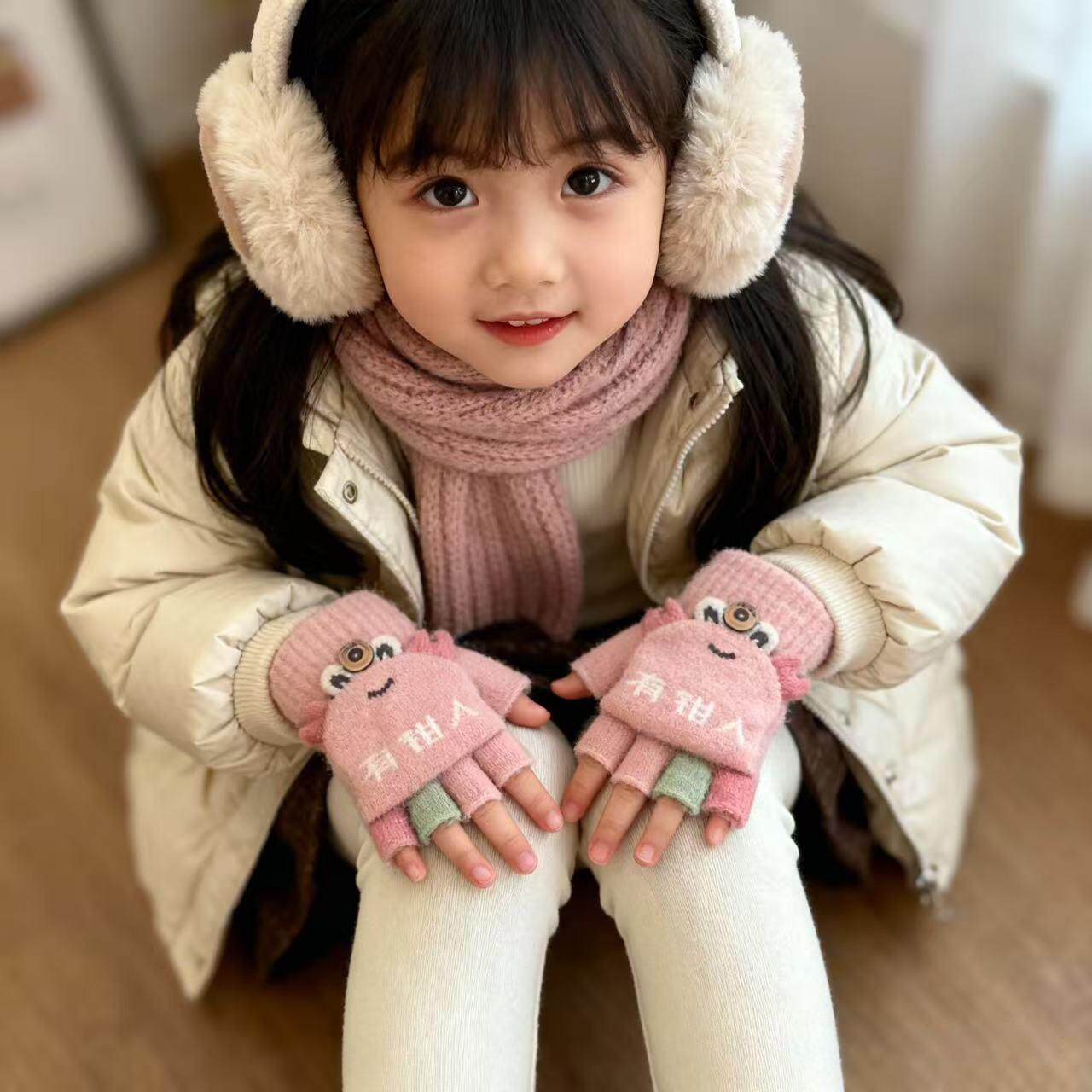 宝宝手套秋冬季2-5岁半指儿童女童保暖男童加厚写字防寒针织翻盖4