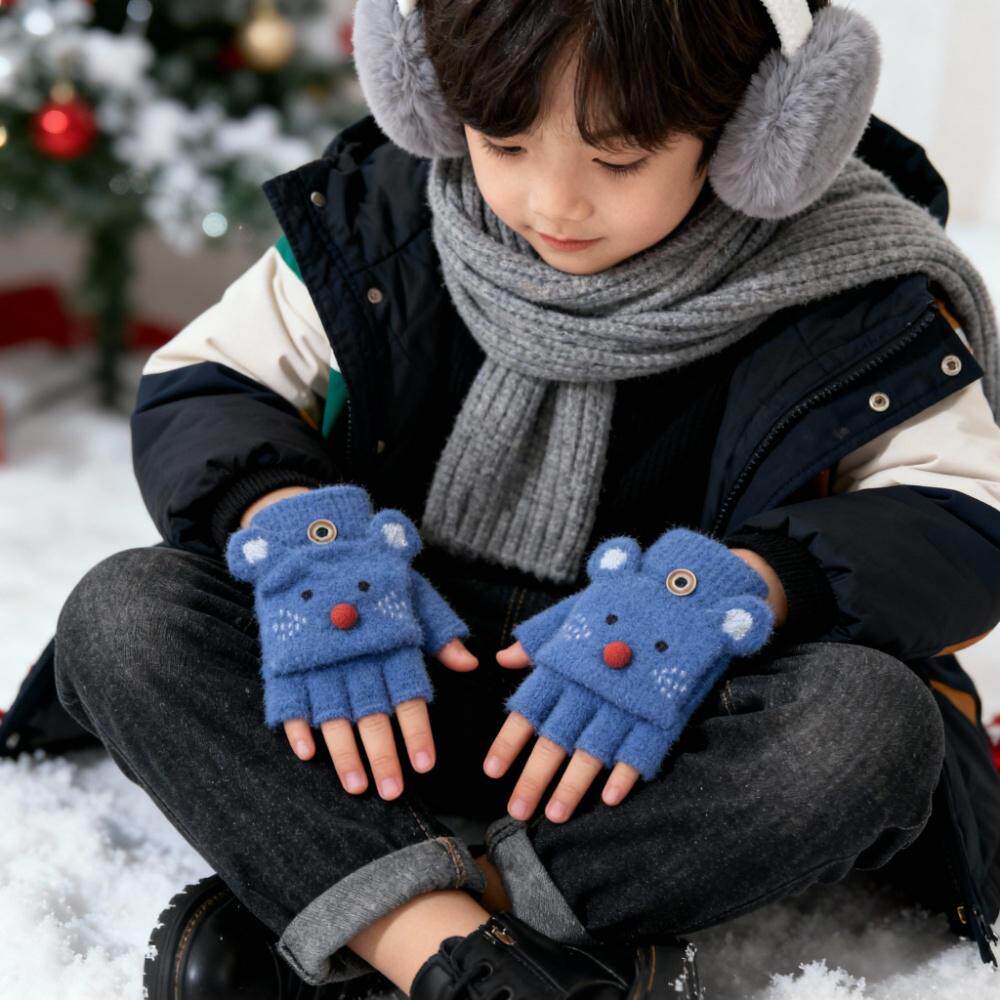 儿童手套冬季2-5岁女童宝宝可爱保暖加厚半指翻盖写字男童幼儿园4