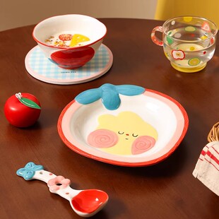 可爱水果早餐碗陶瓷碗盘餐具套装浮雕家用米饭碗酸奶燕麦碗带勺子