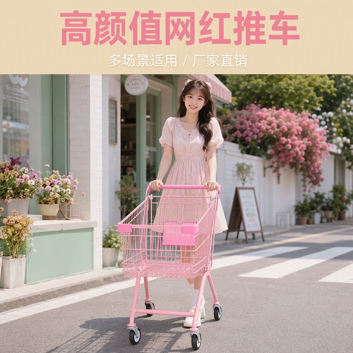 网红粉色购物小推车女装店陈列道具ins风拍照装饰超市手推购物车