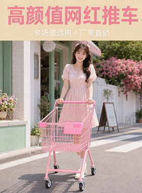 网红粉色购物小推车女装店陈列道具ins风拍照装饰超市手推购物车