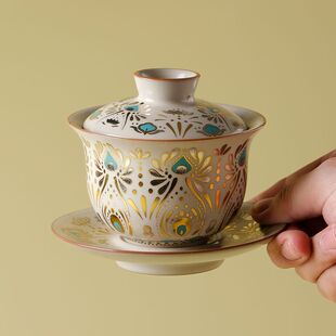 敦煌高档汝窑悬停三才盖碗茶盖碗家用茶碗功夫茶具2025新款可旋转