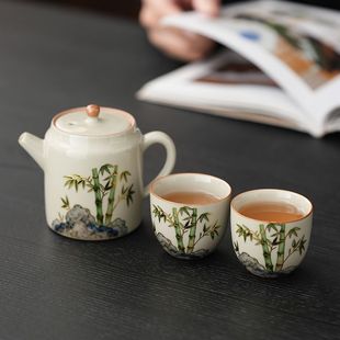 仿古泥潇湘竹石小直壶一壶两杯泡茶喝茶家用泡茶壶泡茶功夫茶具