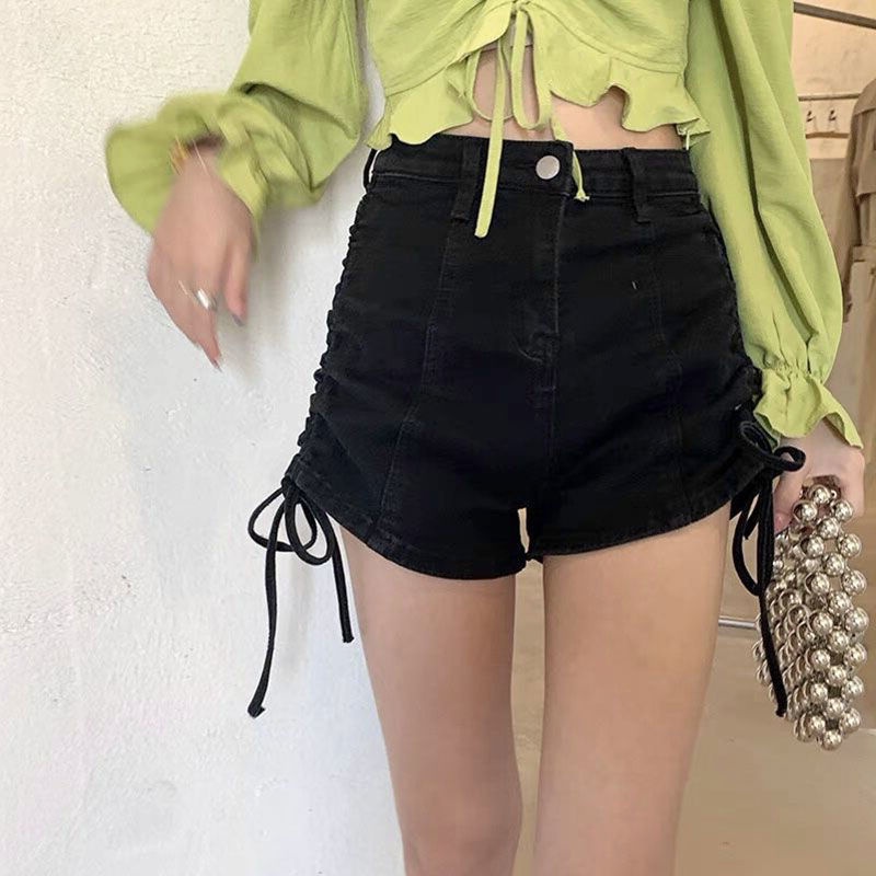 710辣妹抽绳弹力牛仔短裤女夏季2022新款ins设计感a字阔腿