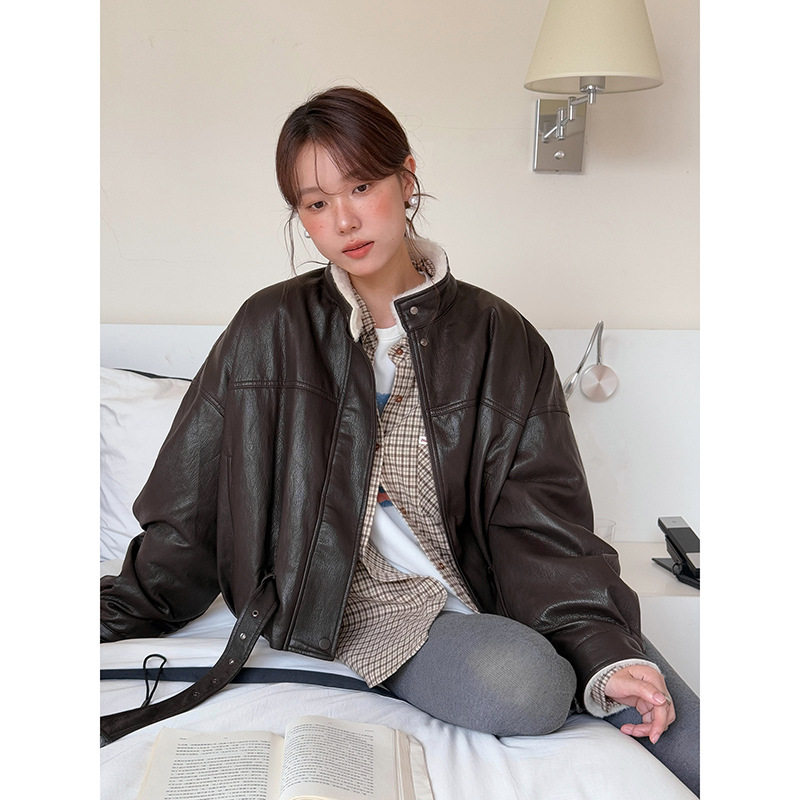 【绒绒爱丁堡】复古立领加绒皮衣女冬季宽松机车服外套w719c