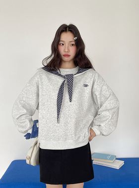 【巴黎小邮差】韩系通勤加绒可拆卸格子帽卫衣冬季上衣w776c