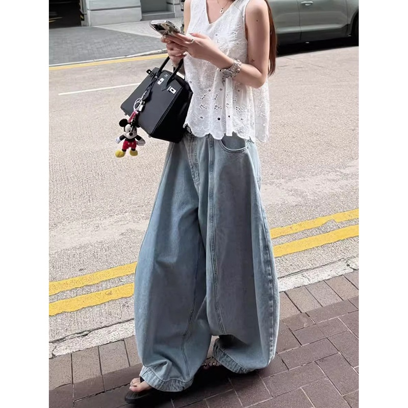 D9045美式高街阔腿牛仔裤女春秋季新款宽松高腰设计感拖地牛仔裤