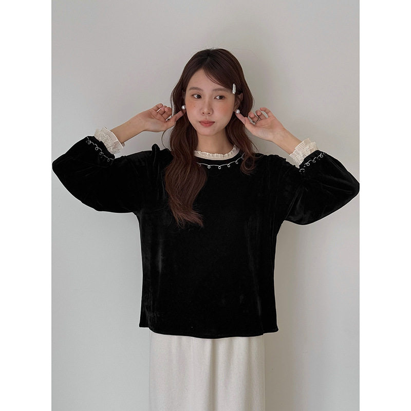 【微醺月光】法式复古刺绣撞色花边丝绒上衣冬季长袖t恤n735c