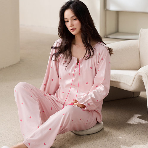 睡衣女秋冬春季新款开衫翻领纯色德绒加厚长袖长裤甜美家居服套装