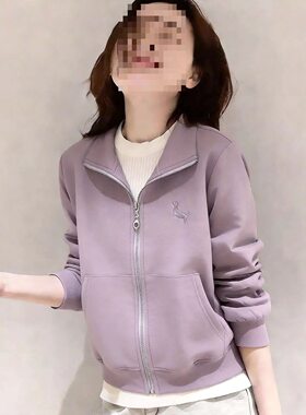 韩国立领拉链开衫卫衣女春秋薄款运动宽松浅蓝色夹克衫短款外套潮