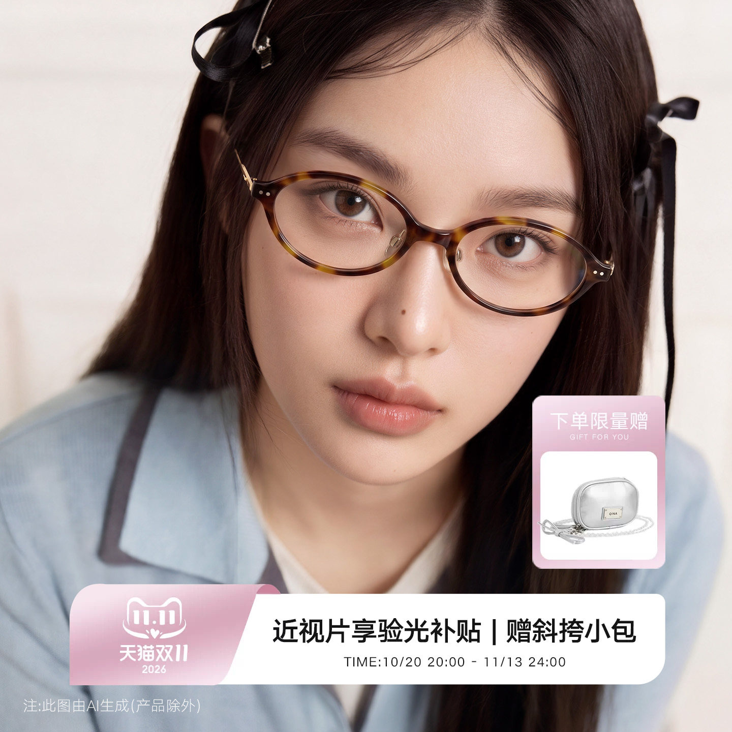 QINA亓那2026年新款素颜书呆子椭圆框玳瑁色近视眼镜女男QJ5215