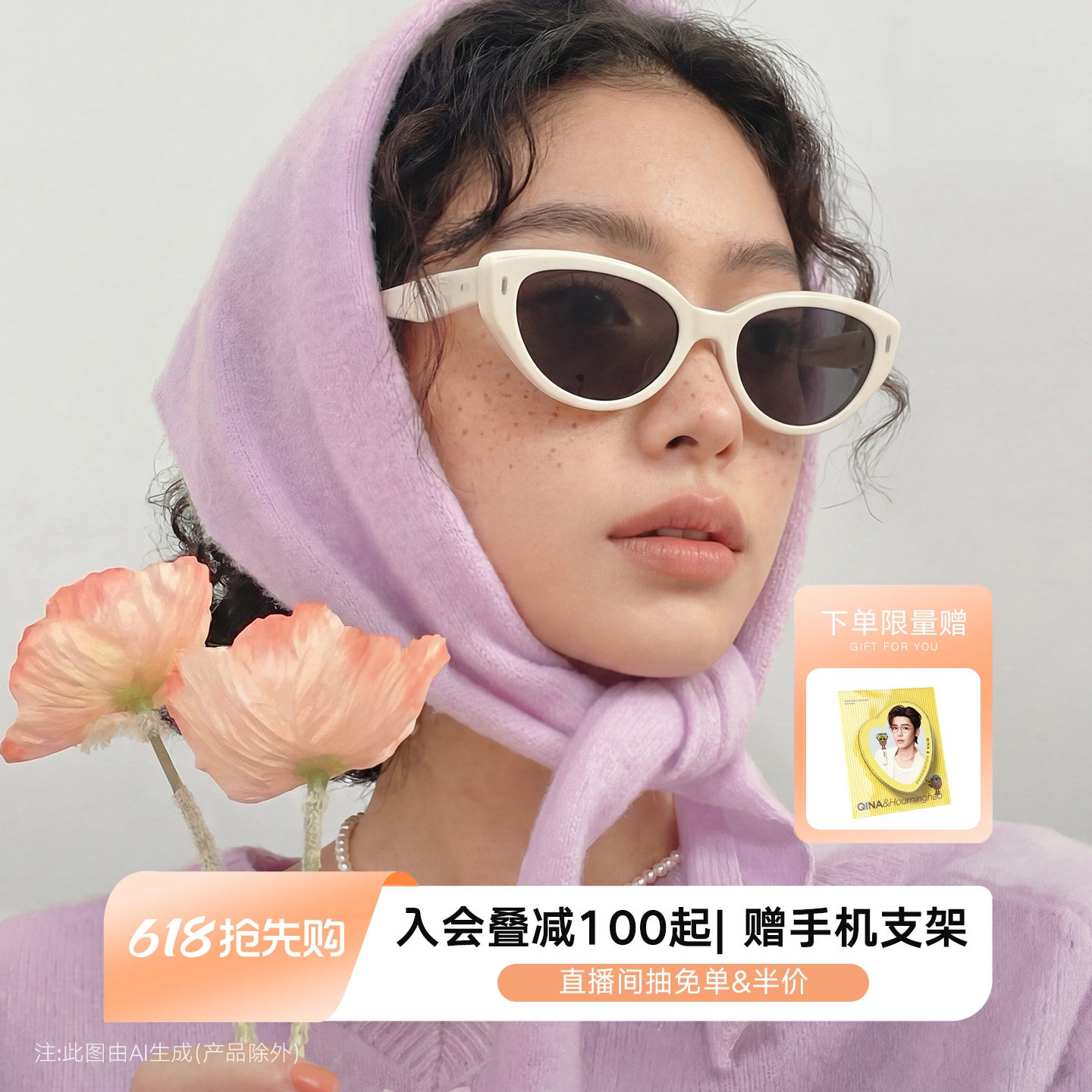 QINA亓那时尚猫眼墨镜女款奶白镜框防晒太阳镜潮流男QN3017