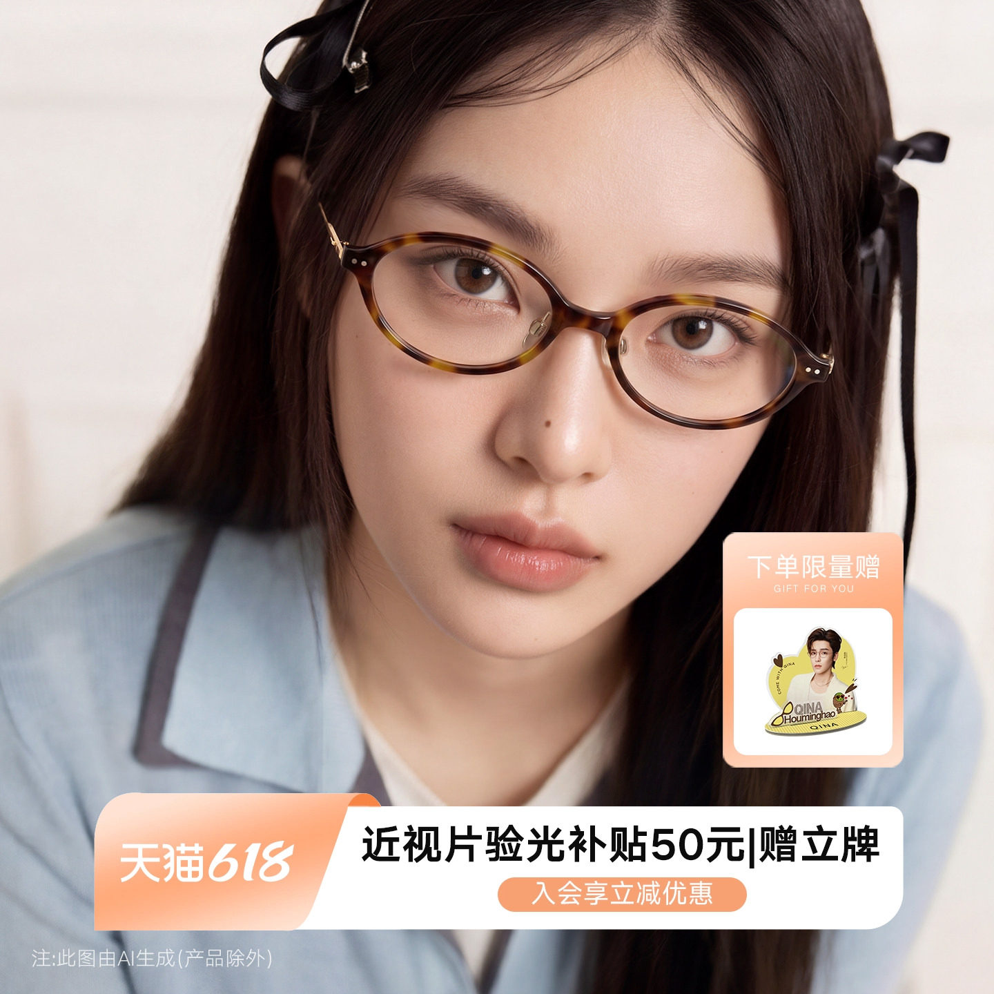 QINA亓那2026年新款素颜书呆子椭圆框玳瑁色近视眼镜女男QJ5215