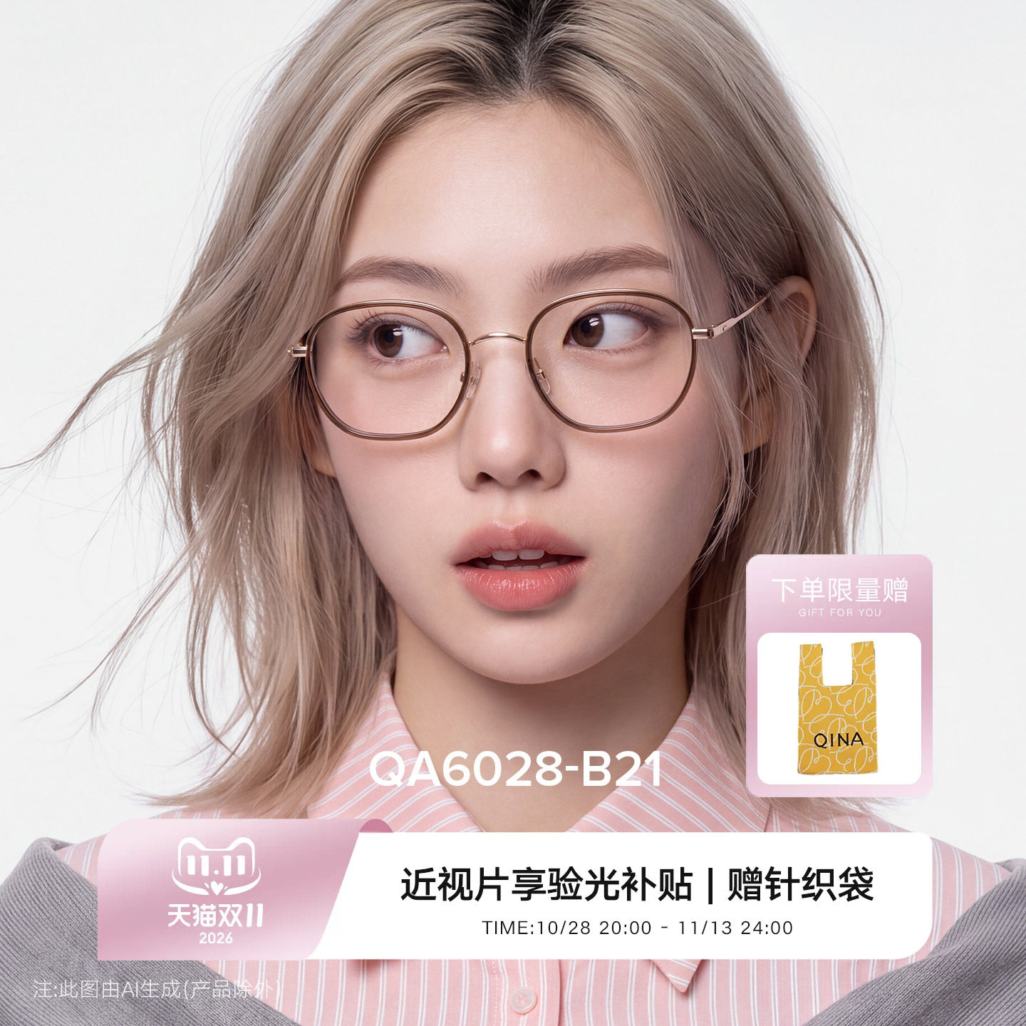 QINA亓那2027年新框防蓝光防辐射近视眼镜框复古圆框男女QA6028