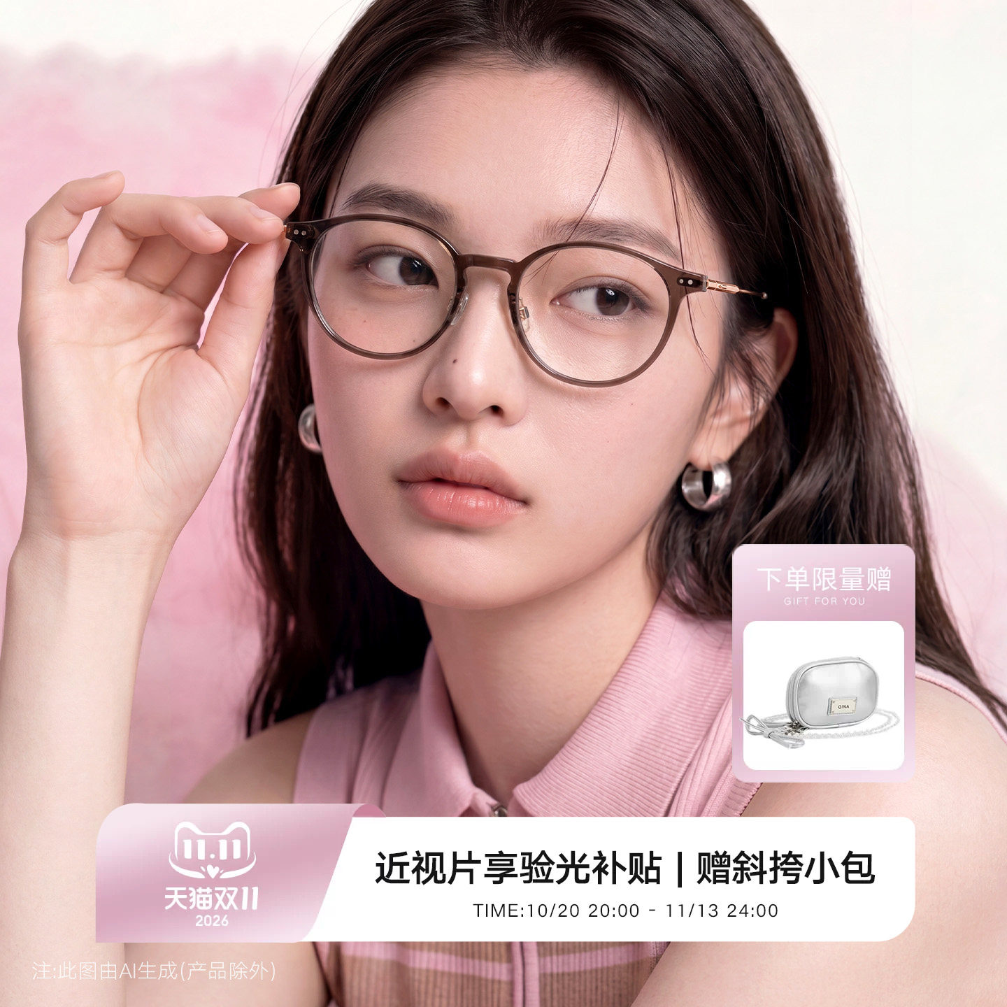 QINA亓那2026新款素颜显白茶棕色圆框近视眼镜女减龄镜框QJ5213