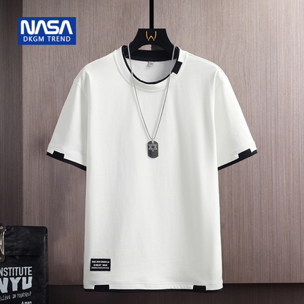 Nasa Youth Fake Two-Piece Short-Sleeved T-Shirt for Boys, Pure Cotton, Summer Loose and Versatile T-Shirt, Casual Half-Sleeved Top