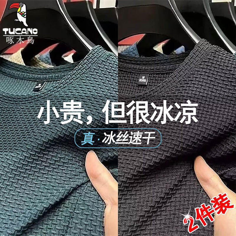 啄木鸟竹节网眼冰丝t恤男夏季薄款短袖圆领T血男打底衫夏季上衣服