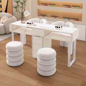 奶油风全实木美甲桌美甲台桌椅套装 岩板单人双人修甲钢化玻璃 日式
