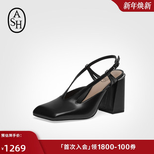 2025夏季 女粗跟一字扣带高跟鞋 新款 凉鞋 AURA真皮包头时装 ASH女鞋