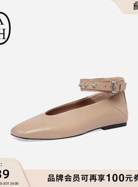 ASH女鞋春夏BEST羊皮方头浅口单鞋女低跟平底扣带奶奶鞋