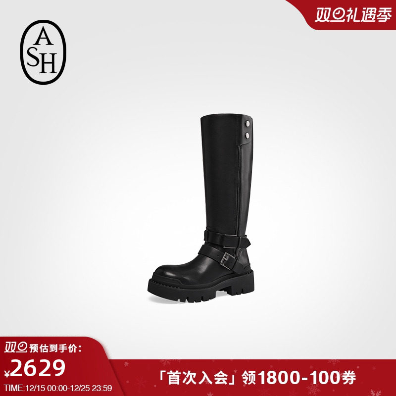 ASH女靴2025秋冬新款NELSON真皮高跟圆头女粗跟高筒时装长靴