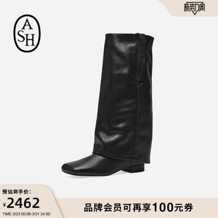 ASH女靴秋冬款 长靴 KIMONO真皮低跟高筒靴女显瘦尖头粗跟时装
