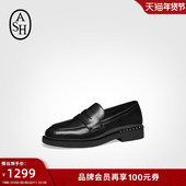 ASH女鞋 女粗跟英伦黑色单鞋 春夏WHISPER STUDS真皮极简乐福鞋