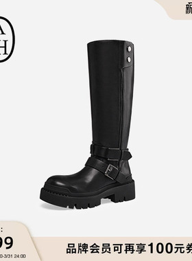 ASH女靴秋冬NELSON真皮高跟圆头女粗跟高筒时装长靴