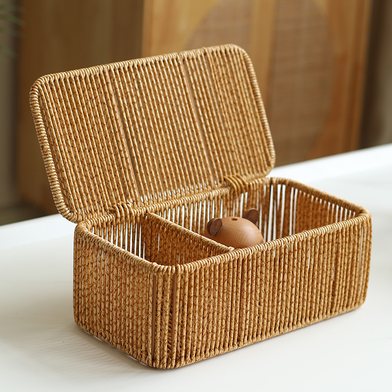 仿藤编长方形分格桌面收纳盒