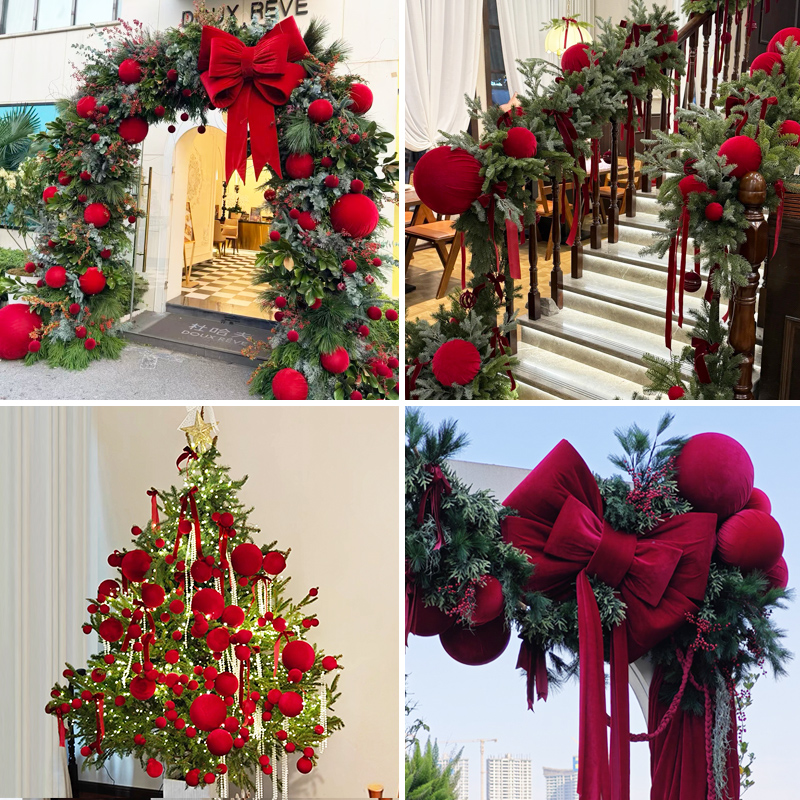 同炫圣诞节酒红绒布球圣诞树挂件