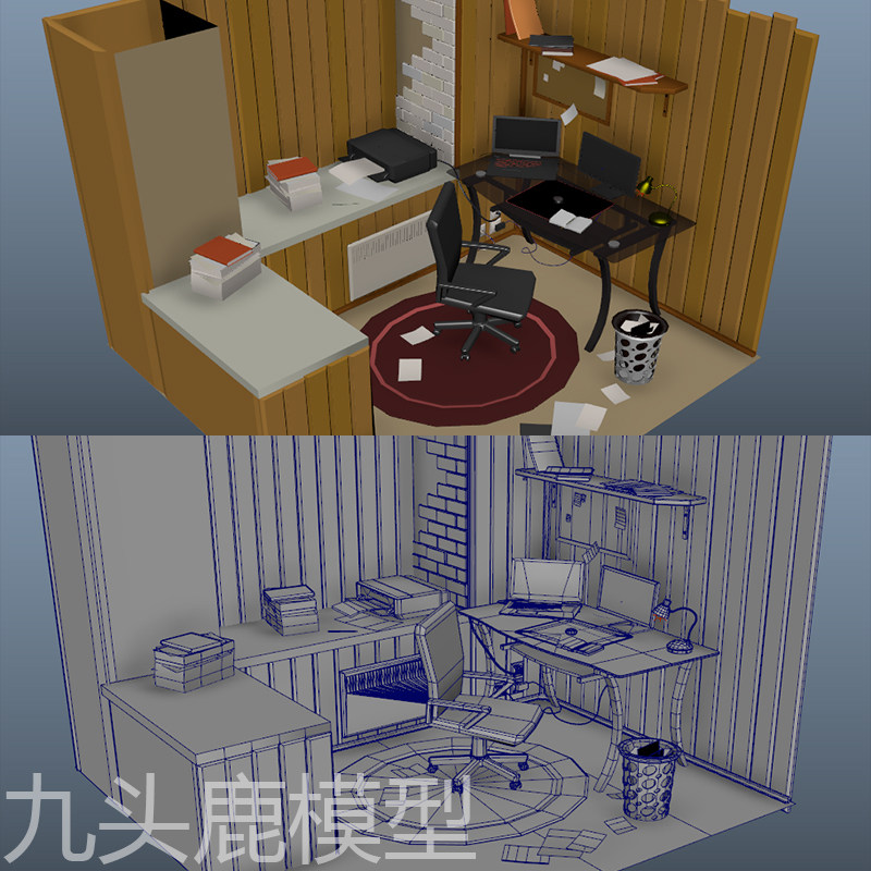 三维卡通室内办公室房间模型素材源文件maya 3Dmax unity blender