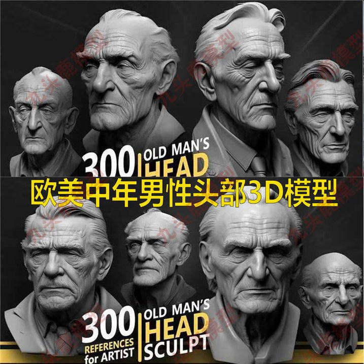 ZBrush欧美中年老年老人面部头部五官脸部头雕模型ZB发型雕刻素材