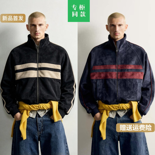 柜549！ZA秋季新品男立领拼接撞色反绒皮效果夹克外套3833401 401