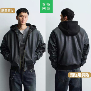 柜799!冬季新款男装宽松拼接连帽仿皮夹克棉服厚外套8491706 800