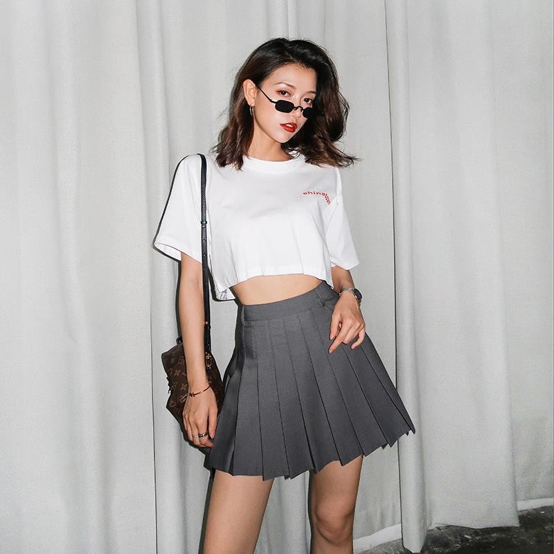 美式灰色百褶短裙半身裙女秋冬学院风jk防走光高腰包臀西装a字裙