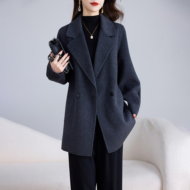 卡若维娅双面呢羊毛外套女2025秋冬新款小个子西装领中长款呢大衣