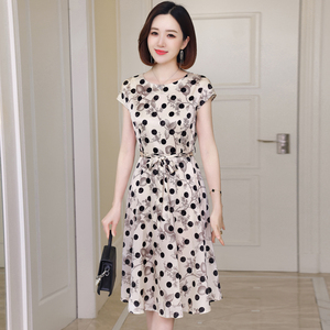 杭州真丝连衣裙女夏季新款无袖腰带收腰中长款流行印花桑蚕丝裙子