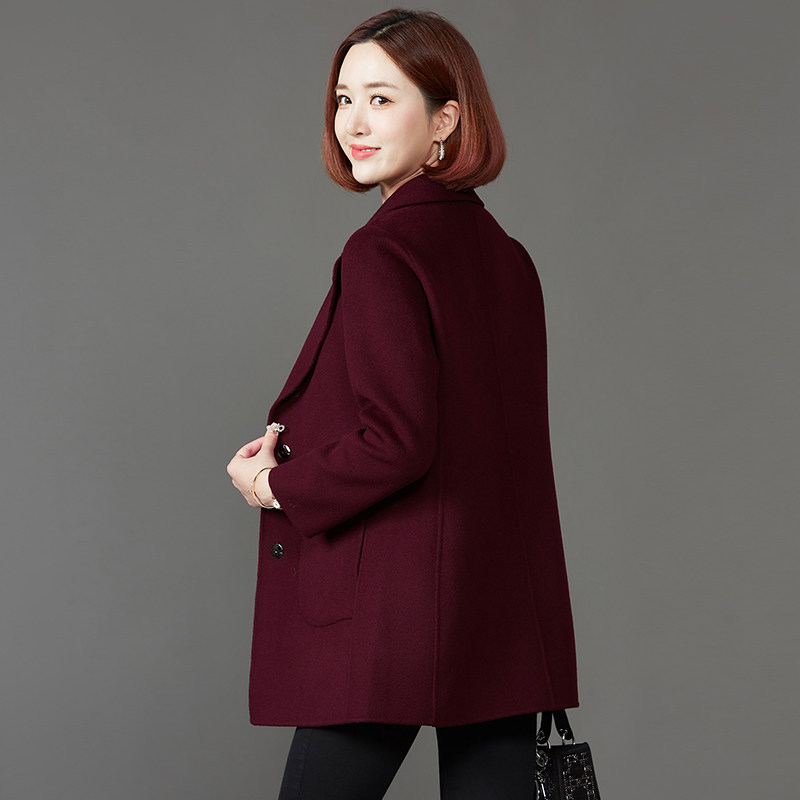 秋冬新款中年毛呢外套女中长款修身韩版西装领羊毛双面呢羊绒大衣