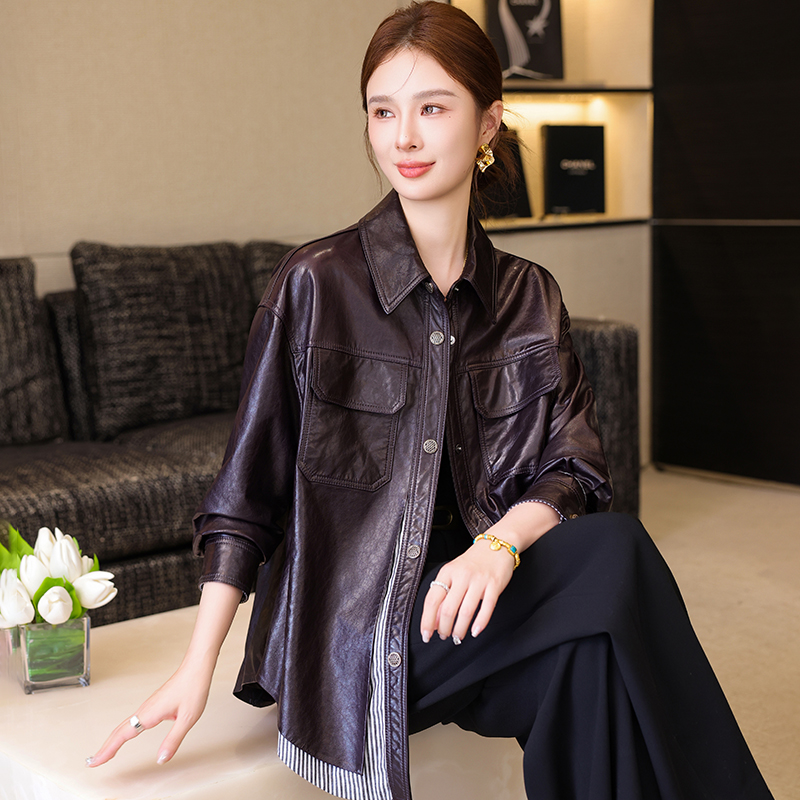 卡若维娅2025设计师假两件衬衫海宁真皮皮衣女休闲夹克绵羊皮外套
