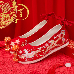 【婚鞋】春夏中式秀禾鞋红色珍珠流苏平底古风翘头汉服鞋