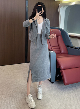 女秋季韩版连帽卫衣开叉半身裙两件套