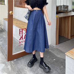 Real shooting real price denim skirt Korean version versatile small medium length over knee big swing skirt A-line skirt
