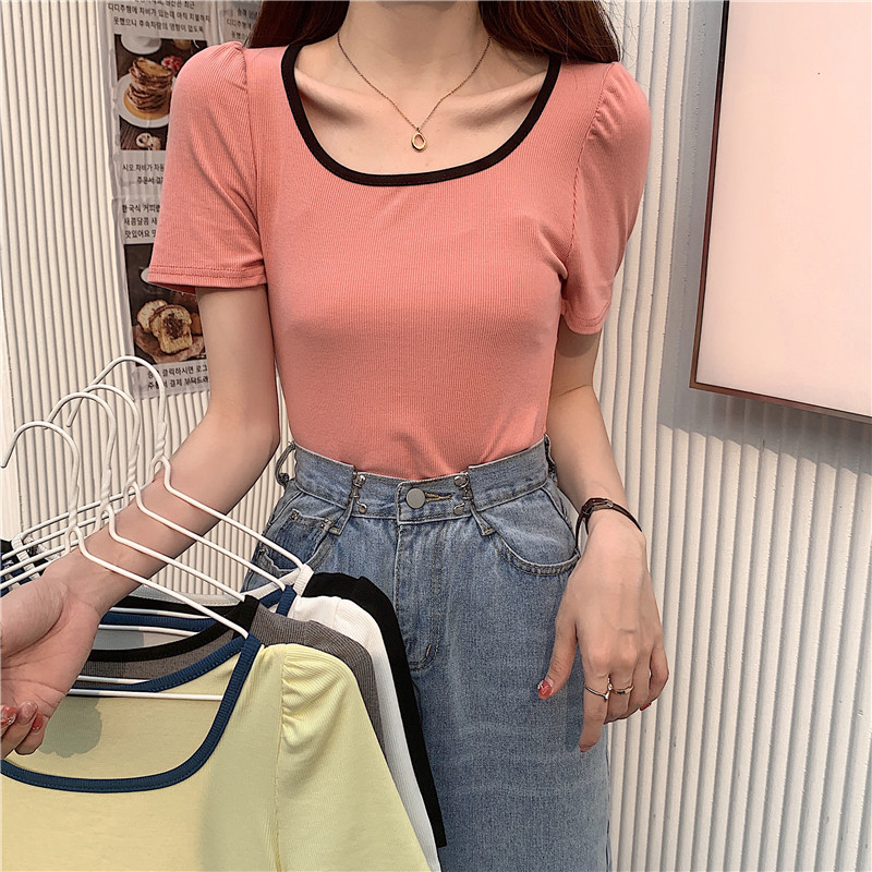 French square neck color matching short sleeve slim top