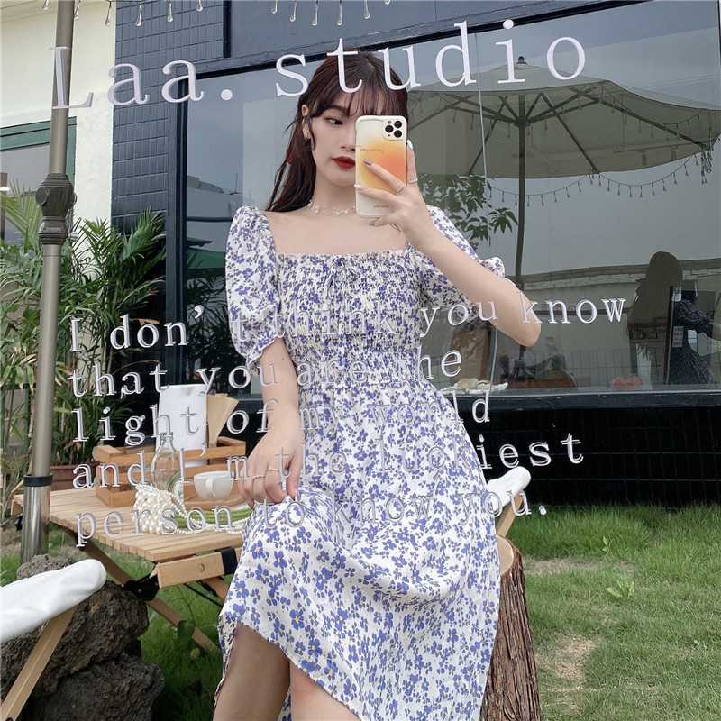 Real price French style square collar short sleeve short sleeve cut waist dress with floral pieces of Platycodon grandiflorum