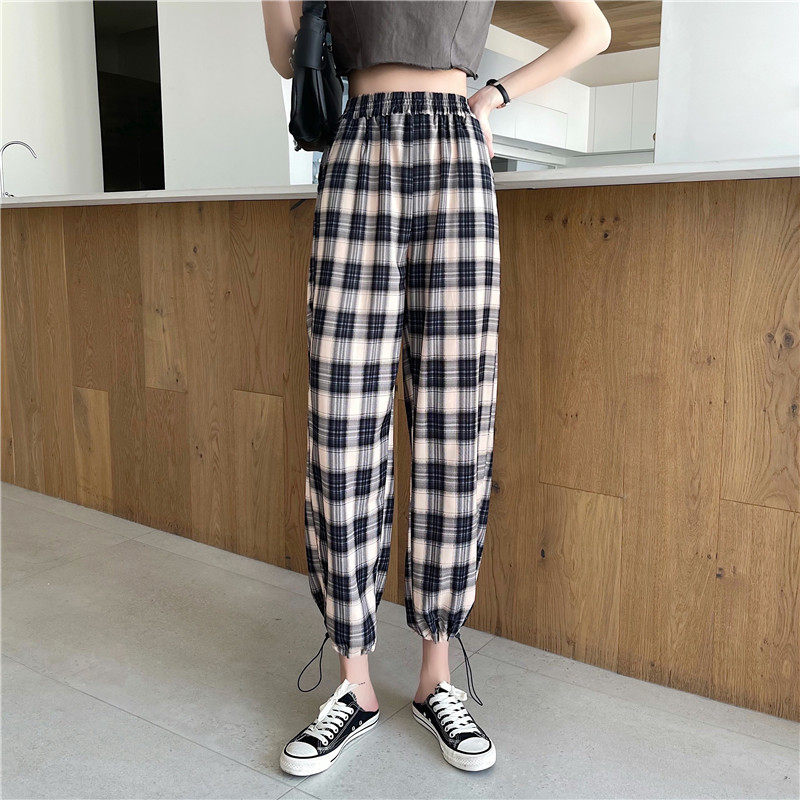 Real price plaid pants women's loose high waist drawstring Harem Pants wide leg drop nine point straight tube Leggings