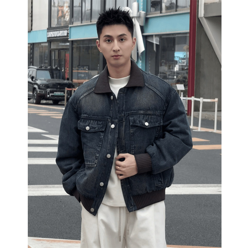 美式重工水洗牛仔拼接针织翻领工装棉服男冬季仿兔毛加绒保暖外套,男装,棉衣,淘宝优惠券,粉丝福利购,淘宝优惠卷