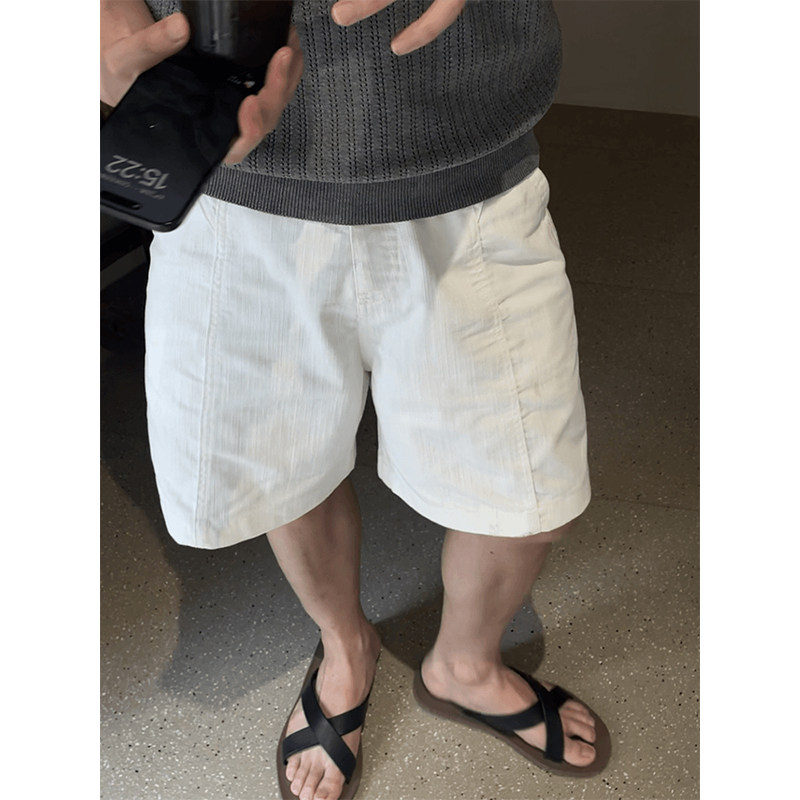 老钱风纯白色棉麻混纺休闲短裤男士夏季薄款裤子宽松直筒五分五分