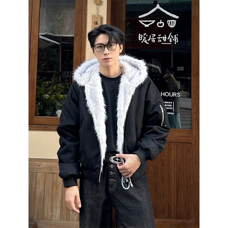 美式座山雕双面穿加绒保暖棉服男